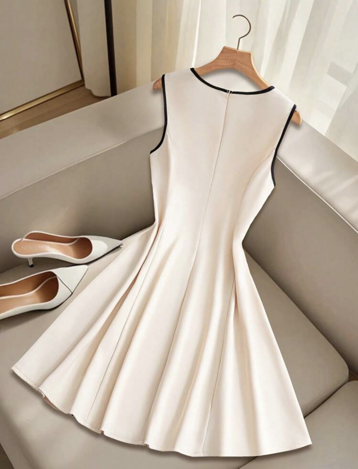 Vestido crema con vivos negros